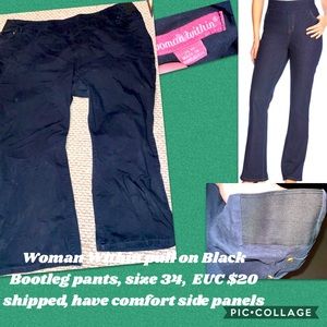 Woman within black bootcut pants
